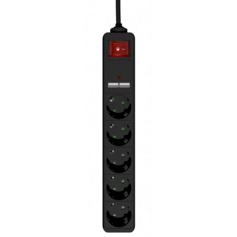 Подовжувач мережі, чорний, 1.5 м кабель, 5 розеток, USB зарядка 2 А